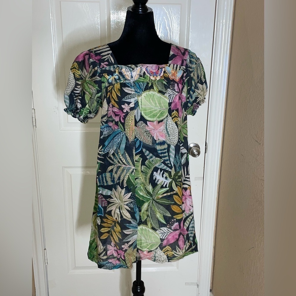 Johnny Was Workshop Tropical Puff Sleeve Tunic Dress in Green Multicolor XS‌‌‌‌‌ - Picture 3 of 12
